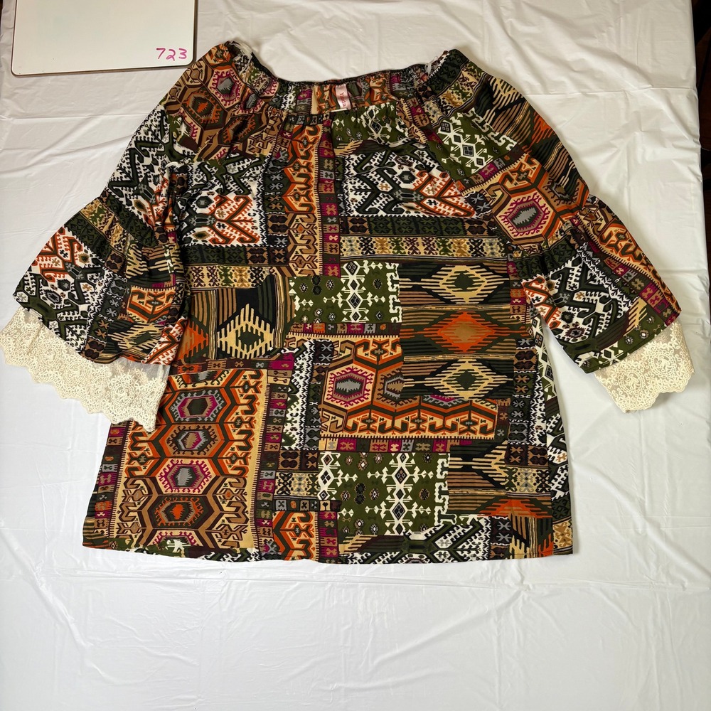 Yahada Womens Off Shoulder Boho Patchwork Top Olive Orange‎ Lace Bell Sleeve S